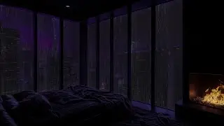 Purple Neon Skyline at Night 🌃 Rain & Fireplace Ambience for Deep Sleep