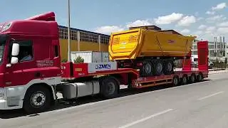 4 AXLE LOWBED SEMI TRAILER WITH 2 SELF STEERING AXLES & HYDRAULIC FLIP TOE RAMPS - OZMEN DAMPER