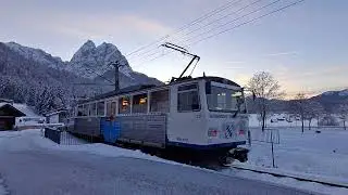 DTW 10 und 11 der Bayerischen Zugspitzbahn im Schnee bei der Ausfahrt Kreuzeck-/Alpspitzbahn