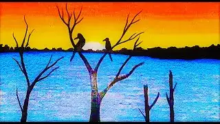 How To Draw Easy Scenery || sunset scenery drawing || riverside sunset drawing