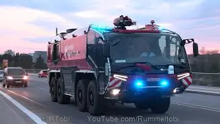 German Rosenbauer Panther ARFF truck & airport fire dept car driving with emergency lights [10.2021]
