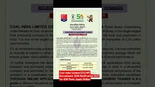 Coal India Limited (CIL) MT Recruitment 2025 Notification OUT for 434 Posts, Apply Online #coalindia
