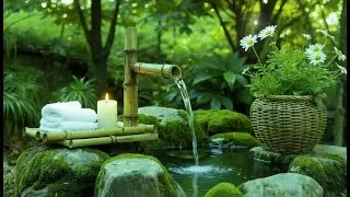 Soothing Bamboo Fountain Flow with Piano Ambience | Nighttime Healing and Peace