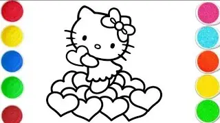 Рисунок, раскраска и иллюстрация Hello Kitty с сердечками 💕 для детей и малышей.