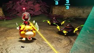 pikmin dragging a pyroclasmic slooch back to the base in pikmin 4
