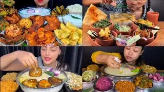 ASMR EATING PANTA BHAT, DIFFERENT BHARTA, BRINJAL FRY, PAKORA, PAPAD, CHILLI, JACKFRUIT 🔥| EATSHOW