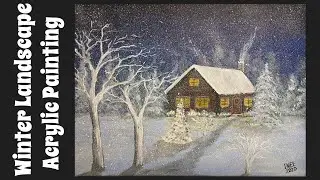 Easy Winter Cabin Landscape Acrylic Painting
