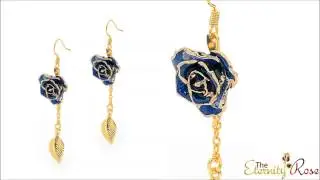 Blue Glazed Rose Earrings 24K Gold Leaf Style