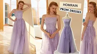 Homrain A Line Spaghetti Straps Light Purple Long Prom Dress with Appliques