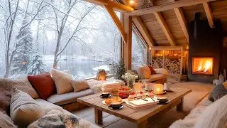 Soothing Winter Piano Music ❄️ Snowy Lake Cabin Interior | Warm Fireplace Sounds