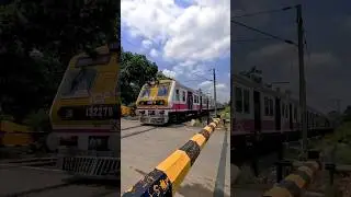 Shiny pink EMU local train skip rail road crossing! #train