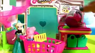 Queen Elsa Shopping For Shopkins Eggs Surprise Toys Disney Frozen at the Supermarket Cash Register