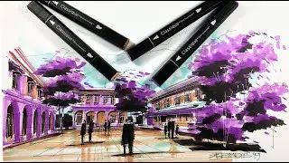 how to sketch an urban scene / piazza sketch with Spectrum Noir markers
