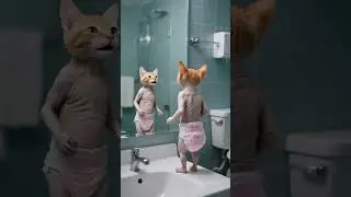 The white cat shaved the fur of the young orange cat
