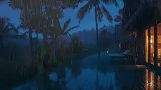 Tropical Rain Night with Subtle Thunder Outside Cozy Cabin 🌧️