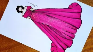 تعلم رسم فستان سهرة باللون الوردي 💕 سهل جدا بالخطوات | تعليم رسم الأزياء للمبتدئين