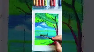 Easy 🌲 tree Swing Scenery With Oil Pastel Drawing 🎨#scenerydrawing#tree#swing#youtubeshorts