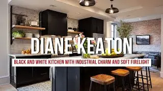 Diane Keaton Black and White Kitchen with Industrial Charm and Soft Firelight