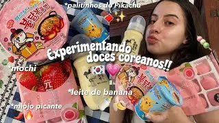 EXPERIMENTANDO COMIDINHAS COREANAS!!🇰🇷🍡 |miojo apimentado, mochi e mt+