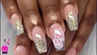 Watch me Work | Glitter Ombre Encapsulated 3d Roses Acrylic Nails | Coffin Nails
