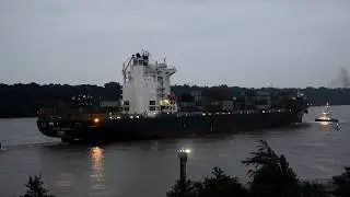 Container Ship NAVIOS AZURE on Elbe River at Dusk - Hamburg, Germany