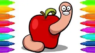 Apple and Worm, How To Draw with Colored Markers and Water Colors | Learn Colors for Kids