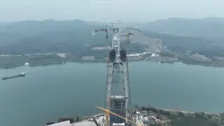 Aerial view of bridge in construction in S China