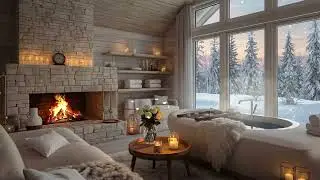 Tranquil Winter Cozy Cabin Ambience ⛄ Relaxing Piano, Crackling Fireplace & Falling Snow for Chill