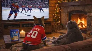 Cozy Hockey Game Night Ambience 🏒🔥 Cats Watching the Canadiens at the Cabin | Fireplace Sounds