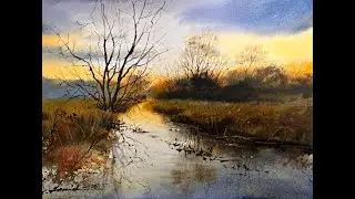 How to Paint a Golden Dusk by the Creek in watercolour
