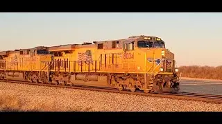 😎 (High-Def!) Sunrise & Union Pacific!! (3+2) Double-Stack.  Amazing Colors! 🎯