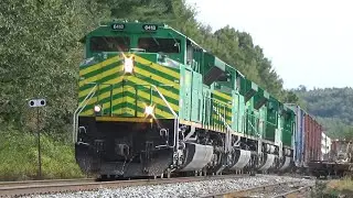 Friendly Horn Toot! Four Units Lead a Big Stack Train NBSR 121 Climbing Hill at Wirral, NB