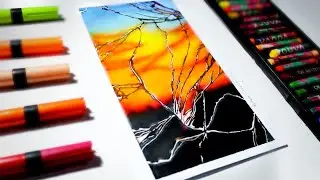 A Beautiful Sunset But Through A Broken Glass Window | Easy Scenery Drawing with Oil Pastels For Kid