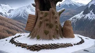 Man Builds Tiny Hollow Tree Hideout for Overnight in Remote Forest 2025