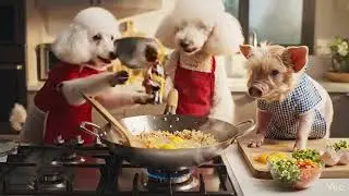 Cat and dog making Egg rice 