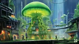 🌳 Glowing Biopunk Cityscape with Cyborg Mutant Omega Mart Lemon Fruit Tree Monster goddesses 🌃