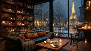 Cozy Paris Winter Cafe Ambience ☕ Slow Brew Jazz Piano with Fireplace & Snowfall for Study, Relax