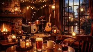 Cozy English Pub Ambience 🍺 Rainy Village Evening, Fireplace & Acoustic Music | Relaxing Pub Sounds
