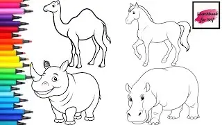 🎨HOW TO DRAW 4 DIFFERENT ANIMALS 🐎🦏🐫! Children Draw Animals