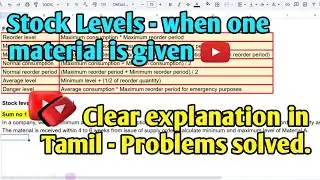 Stock Levels - Reorder level when one material given explained in Tamil Part - 1 | Cost Accounting