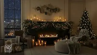 Luxury Hotel Lounge Ambience 4K | City Night & Candle Fireplace (No Music)