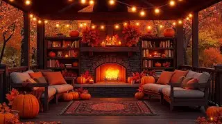 Smooth Jazz Music in the Autumn Porch Vibes🍂 Pumpkin Glow, Fireplace & Rain Sounds for Stress Relief
