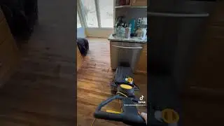 Power scrubbing our handscraped red birch floor from a few years ago.
