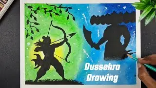 How to draw Beautiful Dussehra Scenery, Dussehra Drawing Easy, Happy Dussehra 