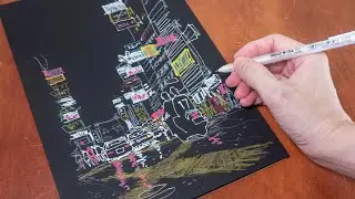 Night Scene Sketch on Black Paper (timelapse sketch)