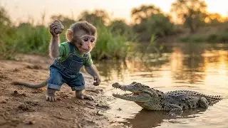 Baby Monkey vs River Crocodile! Stone Throw Showdown at the Farm 🐒🐊💥