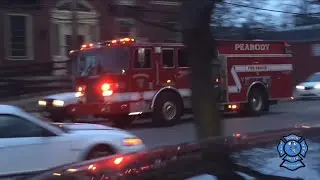 Peabody Fire Engine 5 Responding Urgent with Heavy Horn through Downtown Peabody MA