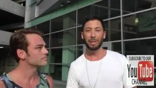 Ryan Allen Carrillo and Cory Kuehn talk about Matthew Shepard outside ArcLight Theatre in Hollywood