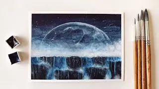 Moonlight Waterfall Scenery Painting with Watercolor Paint / #82
