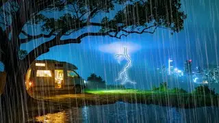 Peaceful Night Rain | Camper Van, Distant City & Soft Thunder Sounds
